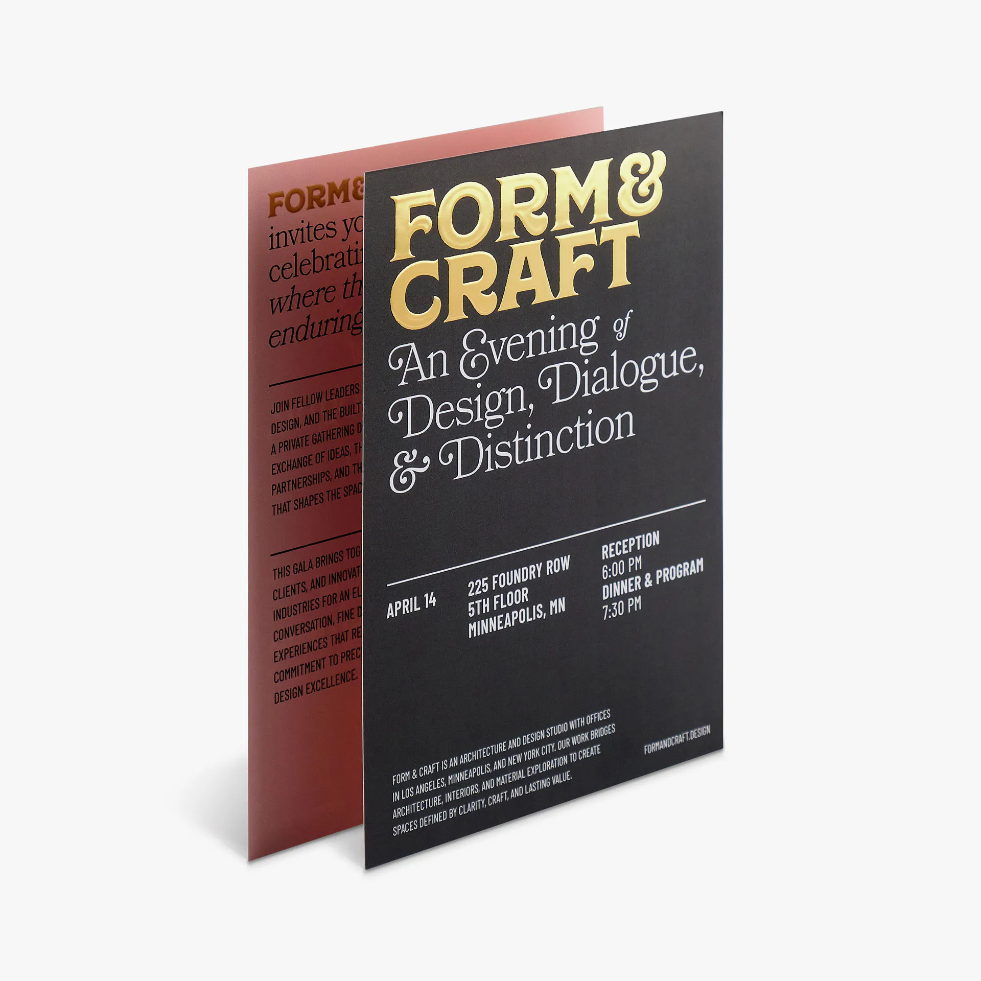 Two raised foil invitations overlapping each other and printed with gold foil accents.