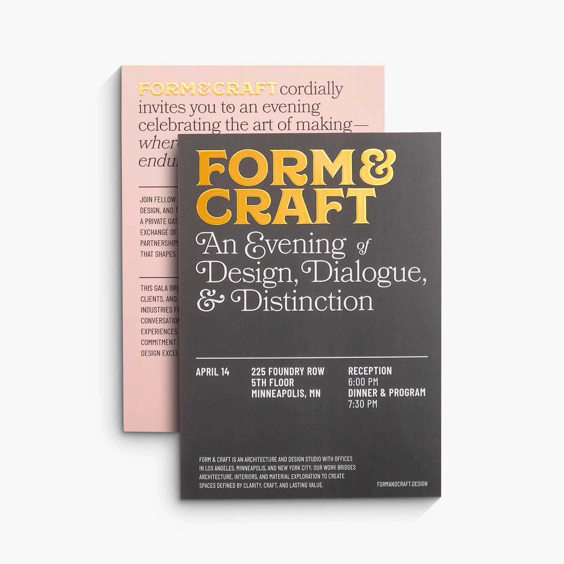 Two event invitations printed with a blue, pale pink and gold raised foil design.