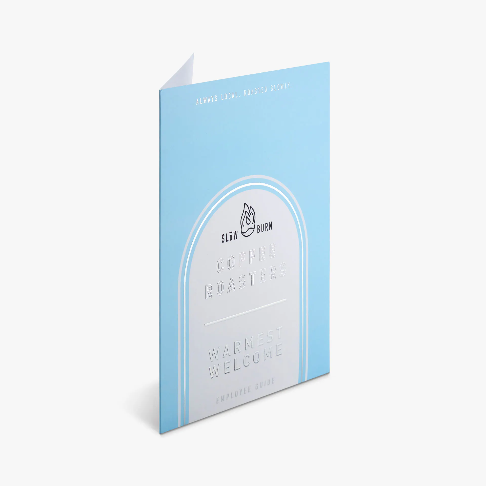A pocket folder standing open and printed with a light blue and silver raised foil design.