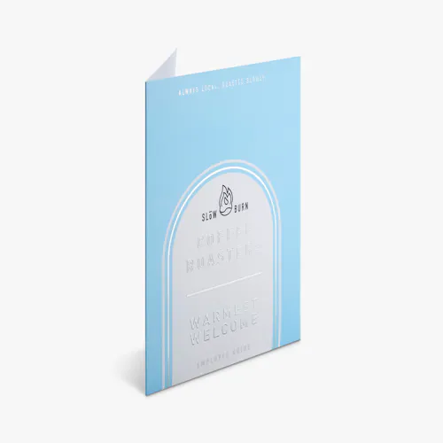 Silver Matte Raised Foil Pocket Folder A pocket folder standing open and printed with a light blue and silver raised foil design.