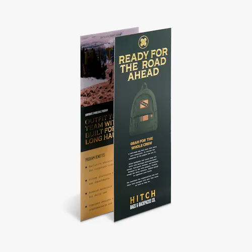 Gold Matte Raised Foil Rack Card Two rack cards printed with a dark green and gold raised foil design.