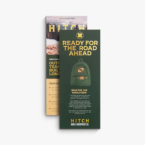 Gold Matte Raised Foil Rack Card Two custom rack cards printed with a dark green design and gold raised foil.