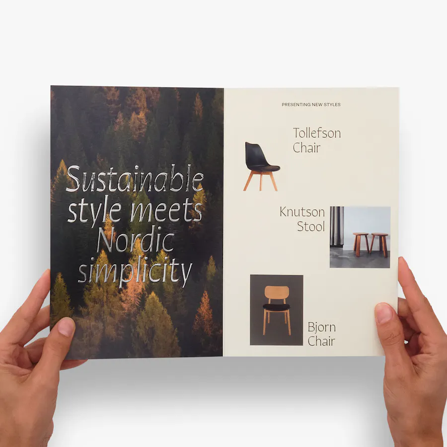 Two hands holding a brochure printed with images of sustainable furniture.